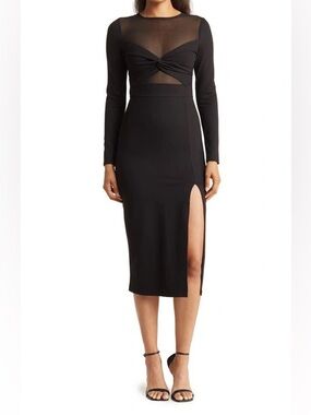 LOVE BY DESIGN • NWT Celia Illusion Mesh Ruched Midi Dress In Black PTP 17”-21”